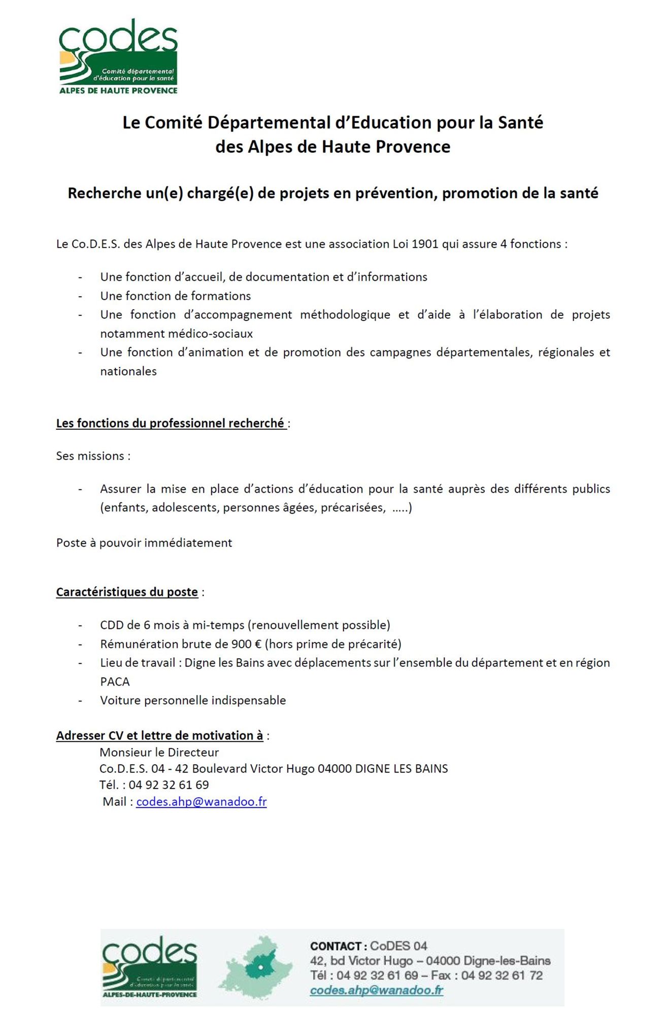 Fiche de poste chargé(e) de projets février 2020